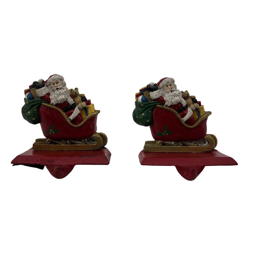 Vintage Cast Iron Stocking Holder Santa Sleigh Windsor Set 2